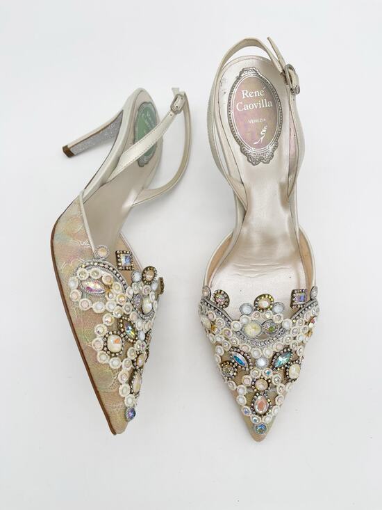 Rene Caovilla Shoes - René Caovilla Veneziana Iridescent Shimmer Lace Crystal Slingback Heels IT 38
